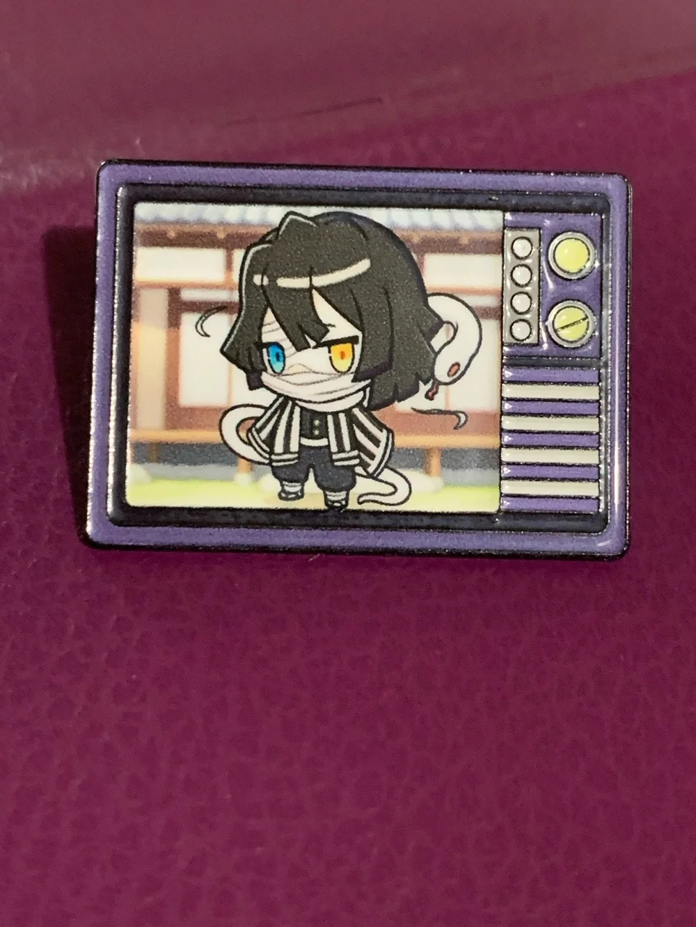 Purple Retro TV Enamel Pin with Chibi Obanai